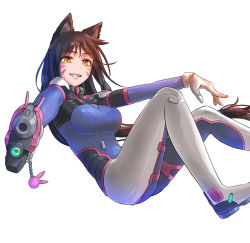 Rule 34 | 1girl, ahri (league of legends), aiming, aiming at viewer, animal ears, blue bodysuit, bodysuit, breasts, brown hair, charm (object), commentary, cosplay, crossover, d.va (overwatch), d.va (overwatch) (cosplay), dlausdnr56, facepaint, facial mark, fox ears, fox girl, from side, gloves, grin, gun, handgun, high collar, holding, holding gun, holding weapon, large breasts, league of legends, long hair, looking at viewer, looking to the side, no tail, overwatch, overwatch 1, parted lips, pilot suit, pistol, reclining, ribbed bodysuit, shoulder pads, simple background, skin tight, slit pupils, smile, solo, swept bangs, weapon, whisker markings, white background, white gloves, yellow eyes