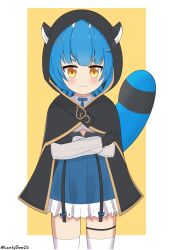 Rule 34 | 1girl, absurdres, animal ears, blue hair, blush, blush stickers, cape, commission, dress, gloves, highres, idol corp, leafy bow, looking at viewer, poko rakun, raccoon ears, raccoon tail, ribbon, shirt, short hair, simple background, skirt, tail, thighs, virtual youtuber, yellow eyes