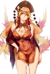 Rule 34 | 1girl, alternate costume, bare shoulders, blonde hair, breasts, china dress, chinese clothes, cleavage, cleavage cutout, clothing cutout, contrapposto, cowboy shot, dress, covered erect nipples, hand on own hip, hat, highres, junko (touhou), kagari6496, large breasts, lips, long hair, no bra, pelvic curtain, red eyes, shawl, short dress, smile, solo, standing, thighs, touhou, very long hair, wavy hair