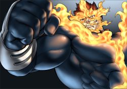 Rule 34 | 1boy, alternate pectoral size, bara, beard, biceps, blue bodysuit, bodysuit, boku no hero academia, covered abs, endeavor (boku no hero academia), facial hair, fire, foreshortening, frown, glowing, incoming attack, large pectorals, leaning to the side, male focus, mature male, mennsuke, muscular, muscular male, pectorals, punching, short hair, solo, spiked hair, taut clothes, upper body