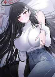 Rule 34 | 1boy, 1girl, absurdres, black hair, blue archive, blunt bangs, blush, breasts, bright pupils, denim, grabbing, grabbing another&#039;s breast, grabbing another's breast, groping, guided breast grab, guiding hand, hair ornament, hairclip, halo, hetero, highres, holding another&#039;s wrist, jeans, large breasts, long hair, long sleeves, looking at viewer, pants, parted lips, red eyes, rio (blue archive), solo focus, sweater, turtleneck, turtleneck sweater, very long hair, white sweater, yuki (asayuki101)