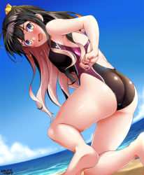 Rule 34 | 1girl, adjusting clothes, adjusting swimsuit, artist name, back, beach, black hair, black one-piece swimsuit, blush, breasts, competition swimsuit, covered navel, cowboy shot, dated, day, fangs, highleg, highleg swimsuit, highres, kantai collection, large breasts, long hair, looking back, multicolored hair, naganami (kancolle), ocean, one-piece swimsuit, pink hair, purple one-piece swimsuit, sand, skindentation, solo, swimsuit, tsuchimiya, two-tone hair, water, wavy hair, wet, wet clothes, wet swimsuit, yellow eyes