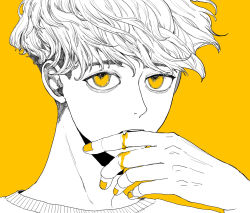 Rule 34 | 1boy, biting, blood, blood on hands, colored blood, commentary request, fang, finger biting, hand up, highres, kamomiland, looking at viewer, male focus, monochrome, nail polish, original, portrait, shirt, short hair, simple background, solo, spot color, very short hair, yellow background, yellow blood, yellow eyes, yellow nails
