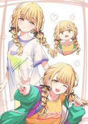 Rule 34 | 1girl, :3, ;d, @ @, absurdres, blonde hair, border, braid, brown border, clenched hand, closed mouth, clothes writing, collarbone, commentary, fang, fujita kotone, gakuen idolmaster, green jacket, highres, idolmaster, inset border, jacket, kiyakyuu, looking at viewer, low twin braids, multicolored clothes, multicolored jacket, multiple views, one eye closed, open clothes, open jacket, open mouth, purple jacket, shirt, short sleeves, skin fang, smile, solo, twin braids, v, v-shaped eyebrows, white background, white jacket, white shirt, yellow eyes, yellow shirt