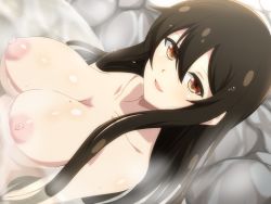 Rule 34 | 1girl, :d, ange vierge, black hair, breasts, brown eyes, dutch angle, hair between eyes, large breasts, long hair, looking at viewer, mildred (ange vierge), nipples, onsen, open mouth, partially submerged, smile, solo, yamiochi umekichi