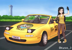 Rule 34 | 1girl, arm up, black gloves, black hair, breasts, brown eyes, brown pants, car, cleavage, commission, day, eunos roadster, girls und panzer, gloves, grin, hand on own hip, helmet, highres, holding, holding helmet, jacy, long hair, looking at viewer, mazda, mazda mx-5, mazda mx-5 na, medium breasts, motor vehicle, nishi kinuyo, outdoors, pants, parted lips, road, shoes, sleeveless, smile, sneakers, solo, standing, teeth, twitter-san, vehicle focus, yellow footwear