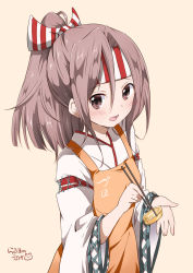 Rule 34 | 10s, 1girl, apron, artist name, beige background, blush, brown eyes, brown hair, chopsticks, commentary request, food, hachimaki, hair between eyes, headband, holding, holding chopsticks, holding food, kantai collection, long hair, looking at viewer, matching hair/eyes, omelet, open mouth, ponytail, ragho no erika, revision, signature, solo, tamagoyaki, upper body, zuihou (kancolle)