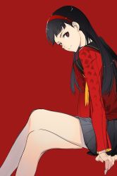 Rule 34 | 1girl, amagi yukiko, black hair, blunt bangs, crossed legs, hairband, legs, long hair, looking at viewer, persona, persona 4, red background, red theme, sitting, skirt, solo
