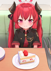 Rule 34 | 1girl, black shirt, blue archive, blush, cake, cake slice, collared shirt, couch, food, food on face, fork, fruit, halo, highres, horns, hub (havu obi), junko (blue archive), long hair, on couch, plate, purple eyes, red hair, shirt, short sleeves, sitting, solo, strawberry, sweat, table, trembling, twintails, very long hair