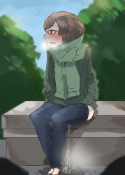 Rule 34 | 1girl, bench, blush, brown hair, clothes pull, hagaa, heavy breathing, original, outdoors, pants, pants pull, peeing, public indecency, sitting, solo, stealth peeing, steam