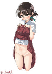 Rule 34 | 1girl, blush, brown eyes, brown hair, choker, closed mouth, clothes lift, cowboy shot, cropped legs, ebifurya, female pubic hair, folded ponytail, gluteal fold, groin, hakama, hakama short skirt, hakama skirt, highres, japanese clothes, kantai collection, kasuga maru (kancolle), lifted by self, looking at viewer, navel, no panties, pubic hair, pussy, short sleeves, simple background, skirt, skirt lift, solo, sweat, taiyou (kancolle), twitter username, uncensored, white background