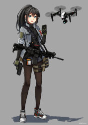 Rule 34 | 1girl, absurdres, armband, assault rifle, bag, black hair, blue eyes, cellphone, drone, full body, gloves, gun, handgun, highres, holding, holding gun, holding weapon, holster, id card, looking at viewer, m4 carbine, ndtwofives, original, pantyhose, phone, pistol, ponytail, rifle, shoes, short shorts, shorts, simple background, smartphone, sneakers, solo, thigh holster, trigger discipline, weapon