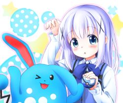 Rule 34 | &gt; o, 1girl, :o, ;d, arm up, azumarill, blue eyes, blue hair, blue neckwear, blue vest, blush, bow, bowtie, collared shirt, commentary request, creatures (company), dive ball, flat chest, game freak, gen 2 pokemon, gochuumon wa usagi desu ka?, hagakuri, hair ornament, hairclip, holding, holding poke ball, kafuu chino, light blue hair, long hair, long sleeves, looking at viewer, multicolored background, nintendo, one eye closed, open mouth, outline, pink outline, poke ball, pokemon, pokemon (creature), polka dot, rabbit house uniform, shirt, sidelocks, smile, star (symbol), upper body, vest, white shirt, wing collar, x hair ornament