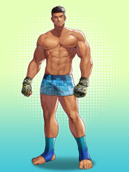 Rule 34 | 1boy, abs, bara, biceps, black hair, brown eyes, clenched hands, dotted background, facial hair, fingerless gloves, gloves, highres, jin (sirius-j), large pectorals, looking at viewer, male focus, manly, mature male, mixed martial arts, mma gloves, muscular, muscular male, navel, navel hair, nipples, original, pectorals, simple background, smile, solo, spiked hair, stubble, teeth, thick arms, thick eyebrows, thick thighs, thighs, topless male, veins, veiny arms
