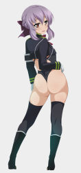 Rule 34 | 1girl, ass, black bow, black thighhighs, blush, bow, braid, brown eyes, female focus, flat chest, from behind, full body, gloves, grey background, hair between eyes, hair bow, hair ornament, half updo, highres, hiiragi shinoa, huge ass, kneepits, leotard, long hair, long sleeves, looking at viewer, looking back, ouhashi, owari no seraph, shiny skin, sidelocks, simple background, solo, standing, thighhighs, thighs, wedgie