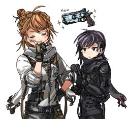 Rule 34 | 2girls, :o, animification, b3 wingman, b3 wingman elite, black hair, black scarf, blush, brown gloves, closed eyes, commentary, english commentary, fingerless gloves, gloves, grey scarf, gun, hair behind ear, hand on own hip, handgun, holding, holding gun, holding weapon, kotone a, multiple girls, personification, pilot suit, red eyes, revolver, scarf, smile, titanfall (series), titanfall 2, weapon, white background