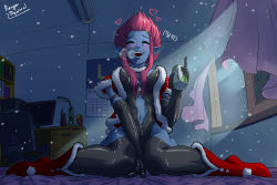 Rule 34 | 1girl, beer can, blue skin, bookshelf, boots, can, chair, christmas, colored skin, desk, drink can, drunk, evelynn (league of legends), evelynn (old), league of legends, pink hair, pointy ears, ranger squirrel, room, santa costume, screen, short hair, solo, window
