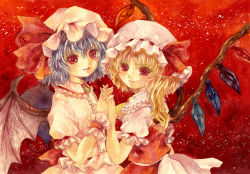 Rule 34 | 2girls, bat wings, blonde hair, blue hair, bow, commentary request, flandre scarlet, hat, hat bow, holding hands, interlocked fingers, multiple girls, painting (medium), photoshop (medium), red eyes, remilia scarlet, revision, shiroma (mamiko), siblings, sisters, touhou, traditional media, watercolor (medium), wings, wrist cuffs