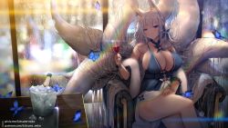 Rule 34 | 1girl, animal ear fluff, animal ears, azur lane, bare shoulders, blue butterfly, blue dress, blue eyes, blush, breasts, bug, butterfly, cleavage, crossed legs, cup, dress, feather boa, fox ears, grey hair, hair ornament, holding, holding cup, insect, kitsune, kitsune-neko, large breasts, long hair, looking at viewer, multiple tails, pixiv username, shinano (azur lane), shinano (dreams of the hazy moon) (azur lane), sitting, solo, tail, thighs, very long hair