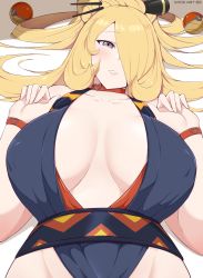 Rule 34 | 1girl, absurdres, alternate breast size, blonde hair, blush, breasts, breasts apart, center opening, choker, collarbone, covered erect nipples, creatures (company), cynthia (pokemon), game freak, grey eyes, hair ornament, hair over one eye, half-closed eye, heart, heart choker, highres, kaos art, lips, long hair, looking at viewer, nintendo, out of frame, poke ball, pokemon, pokemon (anime), pokemon jns01, pokemon journeys, revealing clothes, seductive smile, sleeveless, smile, upper body, wristband