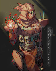 Rule 34 | 1boy, absurdres, animification, apex legends, bandana, black background, black sclera, blood, blood on face, blood on hands, classic revenant, colored sclera, glowing, glowing eyes, highres, humanoid robot, looking at viewer, no humans, pouch, red bandana, red scarf, revenant (apex legends), robot, scarf, shoulder spikes, simulacrum (titanfall), solo, spikes, translation request, wankonabe, yellow eyes