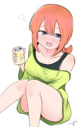 Rule 34 | 1girl, :d, bare shoulders, beer can, blue eyes, blush, breasts, can, collarbone, drink can, drunk, eyebrows hidden by hair, feet out of frame, go-toubun no hanayome, green shirt, hair between eyes, highres, holding, holding can, knees together feet apart, knees up, kujou karasuma, long hair, long sleeves, low ponytail, medium breasts, nakano yotsuba, off shoulder, open mouth, orange hair, ponytail, shirt, signature, simple background, smile, solo, white background