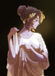 Rule 34 | 1girl, black background, brown hair, clio aite, closed eyes, greco-roman clothes, hair bun, hand up, highres, holding, holding clothes, indie virtual youtuber, laurel crown, maple winters (artist), scar, scar across eye, short hair, solo, toga, turning head, upper body