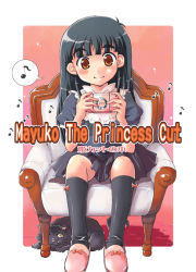 Rule 34 | 1girl, black hair, black socks, blunt bangs, blush, bow, cat, chair, child, choir!, frills, handheld game console, hime cut, kneehighs, long hair, musical note, official art, oogimachi mayuko, orange eyes, original, playing games, playstation portable, pleated skirt, shoes, sitting, skirt, slippers, smile, socks, solo, speech bubble, spoken musical note, tenpou gensui