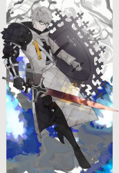 Rule 34 | 1boy, absurdres, armor, armored boots, barcode, black-framed eyewear, black armor, blue eyes, boots, coat, cross, fate/grand order, fate/grand order arcade, fate (series), full body, gauntlets, glasses, gloves, greaves, grey hair, hair between eyes, highres, holding, holding shield, holding sword, holding weapon, hood, hood down, hooded coat, jacques de molay (saber) (fate), jtgbaaa, male focus, padded coat, pauldrons, shield, shoulder armor, single gauntlet, single pauldron, solo, strap, sword, weapon, white coat, white gloves
