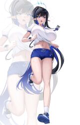 Rule 34 | 1girl, absurdres, bare legs, black hair, blue archive, blue hair, blue shorts, blush, breasts, full body, giga-tera, gym shirt, gym uniform, halo, highres, huge breasts, long hair, looking at viewer, multicolored hair, navel, pointy ears, ponytail, rin (blue archive), running, shirt, shoes, short sleeves, shorts, simple background, sneakers, stomach, two-tone hair, very long hair, white background, white shirt, zoom layer