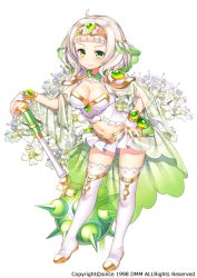 Rule 34 | 1girl, boots, breasts, cleavage, club, club (weapon), contrapposto, flower, flower knight girl, full body, gem, green eyes, hairband, hand on own hip, medium breasts, miniskirt, name connection, navel, object namesake, official art, see-through, seri (flower knight girl), short hair, shouni (sato3), skirt, smile, solo, spiked club, standing, thigh boots, thighhighs, weapon, white footwear, white hair, white skirt, wrist cuffs