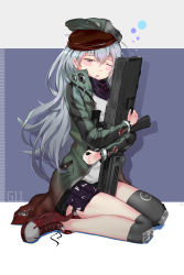 Rule 34 | 1girl, absurdres, ammunition pouch, artist name, assault rifle, belt, black shorts, blush, brown eyes, buckle, bullpup, caseless firearm, character name, g11 (girls&#039; frontline), girls&#039; frontline, green hat, green jacket, gun, h&amp;k g11, hair between eyes, half-closed eye, hat, head tilt, highres, holding, holding gun, holding weapon, horizontal magazine, jacket, knee pads, long hair, long sleeves, looking at viewer, messy hair, one eye closed, open clothes, open jacket, open mouth, personification, pouch, prototype design, purple scarf, red footwear, red scarf, ren (gh), rifle, scarf, scarf on head, shirt, shoes, shorts, sidelocks, silver hair, simple background, sitting, sneakers, solo, thigh strap, thighs, untied footwear, very long hair, wariza, weapon, white shirt