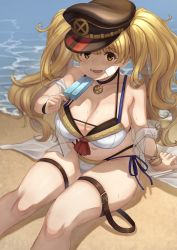 Rule 34 | 1girl, absurdres, bandaid, bandaid on face, beach, bikini, blonde hair, blush, breasts, dessert, dripping, food, granblue fantasy, hat, highres, kent0320, large breasts, long hair, looking at viewer, melting, monika weisswind, ocean, open mouth, peaked cap, popsicle, sand, shore, side-tie bikini bottom, sitting, smile, solo, swimsuit, thigh strap, twintails, water, white bikini