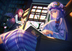 Rule 34 | 2girls, bat wings, black skirt, black vest, blue bow, blurry, blurry background, book, bookshelf, bow, breasts, capelet, chromatic aberration, closed mouth, crescent, dress, hair bow, hat, head wings, hugging object, indoors, koakuma, large breasts, light smile, long hair, mob cap, multiple girls, patchouli knowledge, purple capelet, purple dress, purple eyes, purple hair, purple headwear, reading, red bow, red eyes, red hair, shirt, sidelocks, sitting, skirt, skirt set, striped clothes, striped dress, touhou, unowen, vest, white shirt, wings