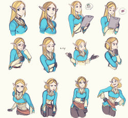 Rule 34 | 1girl, absurdres, beige background, black pants, blonde hair, blue eyes, blue shirt, braid, clipboard, crown braid, crying, expressions, fingerless gloves, frown, gloves, hands on own hips, highres, holding, holding clipboard, leaning forward, long hair, long pointy ears, looking at viewer, looking to the side, multiple views, mushroom, nintendo, one eye closed, open hands, open mouth, pants, pointy ears, princess zelda, raichiyo33, shirt, short hair, sketch, skull and crossbones, smile, speech bubble, the legend of zelda, the legend of zelda: breath of the wild, the legend of zelda: tears of the kingdom, thinking, tongue, tongue out, upper body