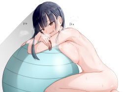 Rule 34 | 1girl, absurdres, ass, ball, black hair, blush, boku no kokoro no yabai yatsu, breast press, breasts, brown eyes, dripping, exercise ball, highres, large breasts, long hair, looking at viewer, nude, pressing, rubber band, sacra, shiny skin, short hair, simple background, solo, steam, steaming body, sweat, white background, yamada anna
