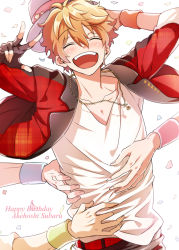 Rule 34 | 10s, 1boy, akehoshi subaru, armband, bad id, bad pixiv id, blush, character name, confetti, disembodied hand, ensemble stars!, closed eyes, happy birthday, hat, highres, jewelry, male focus, necklace, open mouth, smile, solo, togame (grazie), v