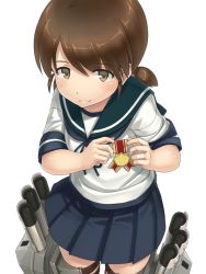 Rule 34 | 10s, 1girl, blue skirt, blush, brown eyes, brown hair, cowboy shot, from above, hayashi naoharu, hayashi naoji, highres, jewelry, kantai collection, looking at viewer, looking up, low twintails, machinery, medal, neckerchief, pleated skirt, ring, sailor collar, school uniform, serafuku, shirayuki (kancolle), short twintails, simple background, skirt, smile, solo, thigh strap, twintails, wedding band, white background