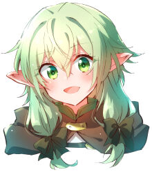 Rule 34 | 1girl, :d, black bow, blush, bow, brown cloak, cloak, elf, goblin slayer!, green eyes, green hair, hair between eyes, hair bow, high elf archer (goblin slayer!), highres, hood, hood down, hooded cloak, looking at viewer, low twintails, nyaa (nnekoron), open mouth, pointy ears, portrait, simple background, smile, solo, twintails, white background