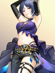 Rule 34 | 1girl, armpits, arms up, asymmetrical clothes, bare shoulders, belt, black gloves, black pants, blue hair, blurry, blurry foreground, breasts, choker, commentary request, cowboy shot, crescent, crescent earrings, criss-cross halter, dress, earrings, elbow gloves, from below, front slit, glint, gloves, gradient background, grey background, halterneck, hayami kanade, highres, idolmaster, idolmaster cinderella girls, idolmaster cinderella girls starlight stage, jewelry, lace, lace-trimmed choker, lace-trimmed dress, lace trim, light blush, looking at viewer, looking down, maimura90, medium breasts, midriff, navel, pants, parted bangs, parted lips, purple choker, purple dress, short hair, single pantsleg, sleeveless, sleeveless dress, smile, solo, standing, stomach, thigh strap, yellow background, yellow eyes, zipper