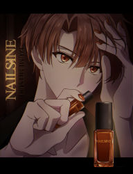 Rule 34 | 1boy, absurdres, bishounen, collarbone, hand in own hair, highres, holding, idolish7, izumi mitsuki, letterboxed, looking at viewer, male focus, nail polish, nail polish bottle, orange eyes, orange hair, orange nails, portrait, short hair, solo, vintage -g-o-a- love
