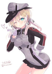 Rule 34 | 1girl, absurdres, anchor hair ornament, aqua eyes, artist logo, black skirt, blonde hair, blowing kiss, cross, hair ornament, hand on own hip, hat, highres, hizaka, iron cross, kantai collection, long hair, low twintails, microskirt, military hat, military uniform, one-hour drawing challenge, one eye closed, peaked cap, pleated skirt, prinz eugen (kancolle), simple background, skirt, solo, twintails, twitter username, uniform, white background