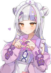 Rule 34 | 1girl, absurdres, blush, bow, bowtie, character request, closed mouth, commentary request, dress, grey hair, hair ornament, hands up, heart, heart hands, highres, hololive, jacket, long hair, long sleeves, looking at viewer, maid headdress, multicolored hair, murasaki shion, murasaki shion (magical girl maid), oisiimizu, orange eyes, pink bow, pink bowtie, pink hair, pink jacket, purple dress, purple hair, simple background, sleeves past wrists, solo, star (symbol), star hair ornament, streaked hair, sweat, upper body, virtual youtuber, white background
