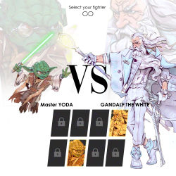 Rule 34 | 2boys, absurdres, adapted costume, alien, bald spot, beard, bespectacled, brahim bensehoul, cane, character name, character select, colored skin, crossover, dual wielding, energy sword, facial hair, fewer digits, fighting game, fingernails, full body, gandalf, glasses, gloves, green skin, height difference, highres, holding, holding weapon, jacket, jedi, jewelry, jumping, tolkien&#039;s legendarium, lightsaber, long beard, long hair, long pointy ears, male focus, monocle, multiple boys, muscular, muscular male, old, old man, open clothes, open jacket, pendant, pointy ears, ring, sharp fingernails, shirt, staff, star wars, suspenders, sword, the lord of the rings, the one ring, trait connection, very long beard, watch, weapon, white gloves, white hair, white shirt, wizard, wristwatch, yoda, zoom layer