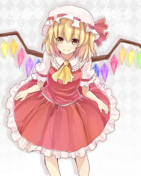 Rule 34 | 1girl, ascot, bad id, bad pixiv id, bow, flandre scarlet, hat, hat ribbon, looking at viewer, minazuki (0038), mob cap, patterned background, ribbon, smile, solo, touhou, wings