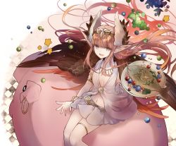 Rule 34 | 1girl, :d, bad id, bad pixiv id, blue eyes, bracelet, breasts, circe (fate), cyawa, fate/grand order, fate (series), fish, food, fruit, grapes, head wings, holding, jewelry, legband, long hair, looking at viewer, navel, necklace, open mouth, pig, pink hair, pointy ears, robe, skirt, small breasts, smile, solo, tray, white robe, white skirt, wings