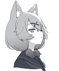 Rule 34 | 1girl, animal ear fluff, animal ears, cropped shoulders, fox ears, from side, greyscale, hair ornament, highres, indie virtual youtuber, looking at viewer, looking to the side, low twintails, maga mitsuki, medium hair, monochrome, neckerchief, open mouth, ougimaneki, portrait, sailor collar, shirt, short twintails, simple background, solo, twintails, virtual youtuber, x hair ornament