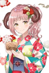 Rule 34 | 1girl, blush, closed mouth, curled horns, ema, floral background, floral print, flower, hair flower, hair ornament, highres, holding, horns, iriam, japanese clothes, kimono, leaf, leaf hair ornament, long hair, long sleeves, looking at viewer, myusha, obi, pink hair, pointy ears, print kimono, red flower, sash, sidelocks, smile, solo, upper body, virtual youtuber, wavy hair, white background, wide sleeves, yellow eyes, yellow flower