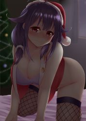 Rule 34 | 10s, 1girl, ahoge, bad id, bad pixiv id, bottomless, bra, breasts, christmas, christmas ornaments, collarbone, cropped jacket, fishnet thighhighs, fishnets, hair between eyes, hair flaps, hanging breasts, hat, head tilt, highres, kantai collection, large breasts, long hair, looking at viewer, low twintails, no panties, purple hair, red eyes, santa costume, santa hat, solo, taigei (kancolle), thighhighs, thighs, tomo (tomojo 8), twintails, underwear, white bra