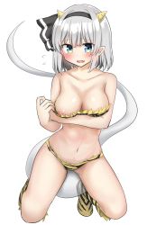 Rule 34 | 1girl, areola slip, bare arms, bare shoulders, bikini, black bow, black hairband, blue eyes, blush, bow, bow hairband, breasts, cleavage, clothes lift, collarbone, commentary, cosplay, fang, flying sweatdrops, hairband, highres, horns, konpaku youmu, konpaku youmu (ghost), large breasts, legs, looking at viewer, lum, lum (cosplay), medium hair, navel, open mouth, shirt lift, simple background, solo, strapless, strapless bikini, swimsuit, thighs, tongue, touhou, urusei yatsura, white background, white hair, youmu-kun